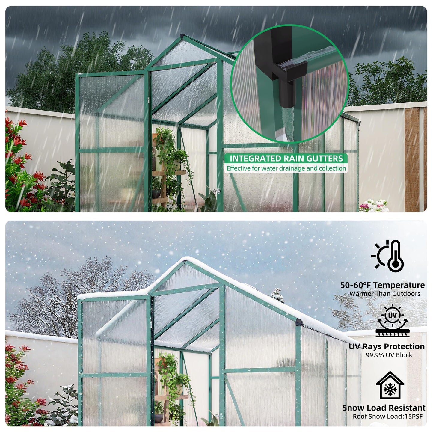 6x10FT Walk-in Polycarbonate Greenhouse Kit, Heavy Duty Aluminum Alloy Frame Green House with Ventilation & Drainage System, UV Resistant Plant Shelter Outdoor Garden Backyard All Season Use