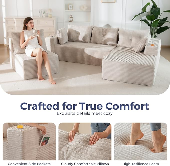 MAXYOYO 132" Oversize Modular Sectional Couch with L-Shape Chaise, Modern Boneless Couch for Living Room, Sofa in A Box, Oversized Sofa Sleeper with Deep Seat, No Assembly Required, Grayish Beige