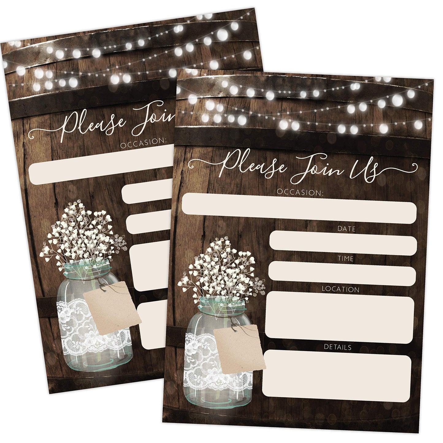Your Main Event Prints 20 Rustic Country Wood Barrel Invitations – Fill-In Style 5x7 Invites for Wedding, Bridal Shower, Baby Shower, Birthday, Engagement, Anniversary, or Party