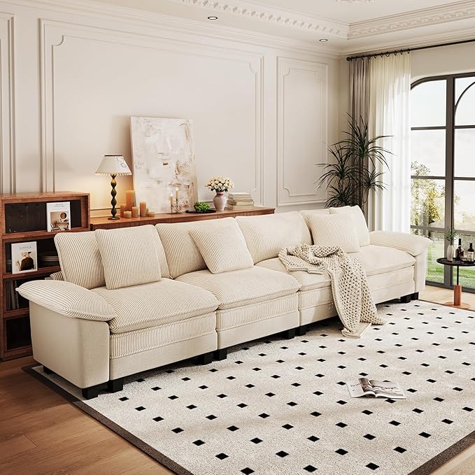 PHI VILLA Cloud Modular Couches Sets, 157.5" Long Sectional Sofa with Upholstered Deep Seat, 4-Seater Couches for Living Room, Chenille Corduroy Dual Fabric, Beige