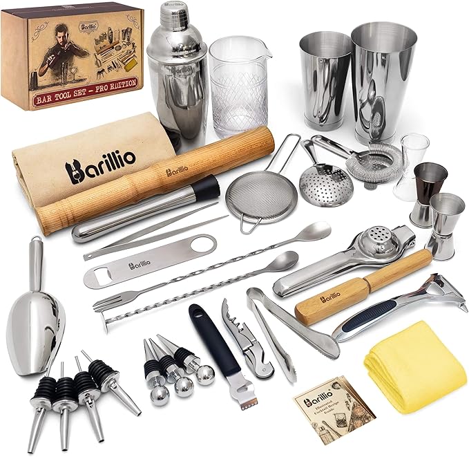 Barillio Bar Tool Set Pro Edition - Stainless-Steel Cocktail Shaker Set - Mixology Bartender Kit w/Boston Shaker, Drink Mi...