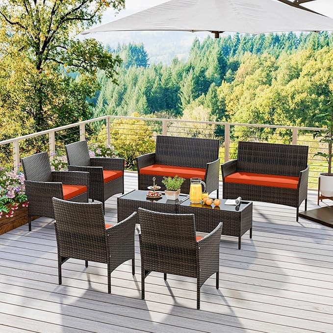 HAPPYGRILL 8 Pieces Outdoor Rattan Conversation Set, Patio Wicker Furniture Set with Loveseat Chairs & Tempered Glass Coffee Table, Outside Sectional Sofa Set for Backyard Garden Poolside, Orange