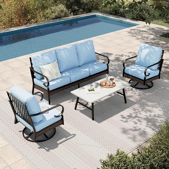 HERA'S HOUSE 4 Piece Metal Patio Furniture Set, All Weather Outdoor Conversation Set with 3 Seat Sofa, 2 Swivel Chairs & Coffee Table, Seats 5 for Backyard, Garden, Deck, Blue