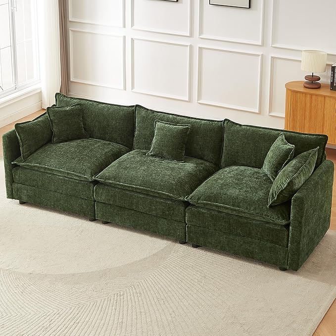 saows Modular Sectional Sofa, 112.2 Inch Rectangle Shaped Couch Set with Armrests, 3-Seater Comfy Cloud Couches for Living Room Apartment, Green