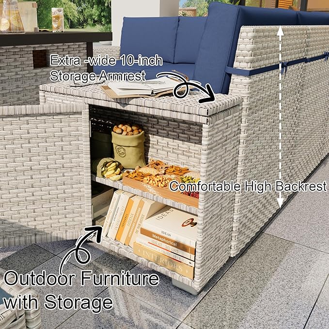PCSXDSW 12 Pieces Patio Conversation Set, Rattan Furniture Set with Wide Armrests and Coffee Table, Outdoor Modular Sectional Couch Wicker Sofa for Garden Backyard Balcony Porch Deck (Blue Cushions)