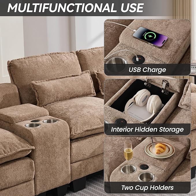 125" U Shaped Cloud Modular Sectional Couch for Living Room, Small Comfy Sherpa Sofa with Double Chaise Lounge, Storage Central Console, Cup Holders, USB Port, Camel