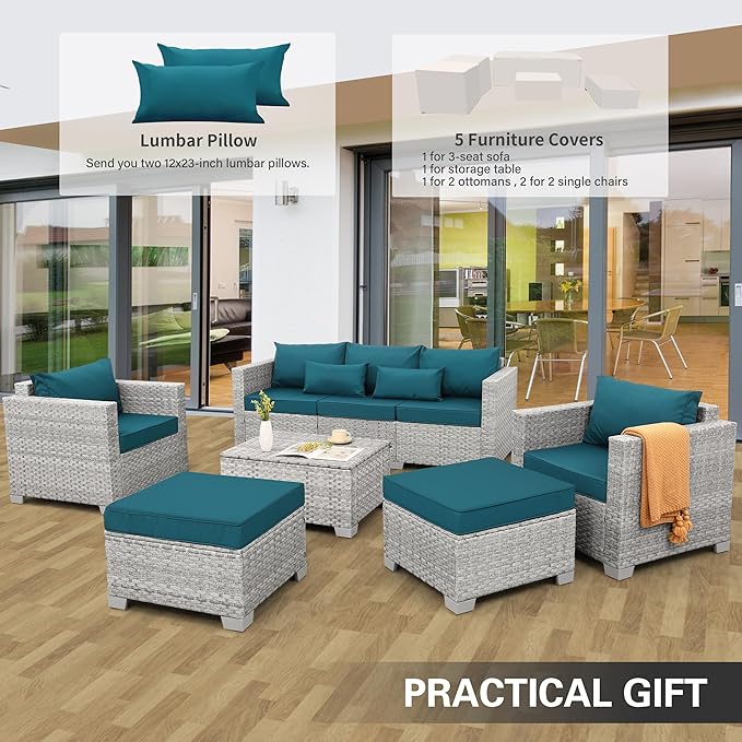 WAROOM Patio Furniture Set 6 Piece Outdoor Patio Set Grey Wicker Balcony Furniture Conversation Sets PE Rattan Couch Sofa with Coffee Table, Peacock Blue Cushion