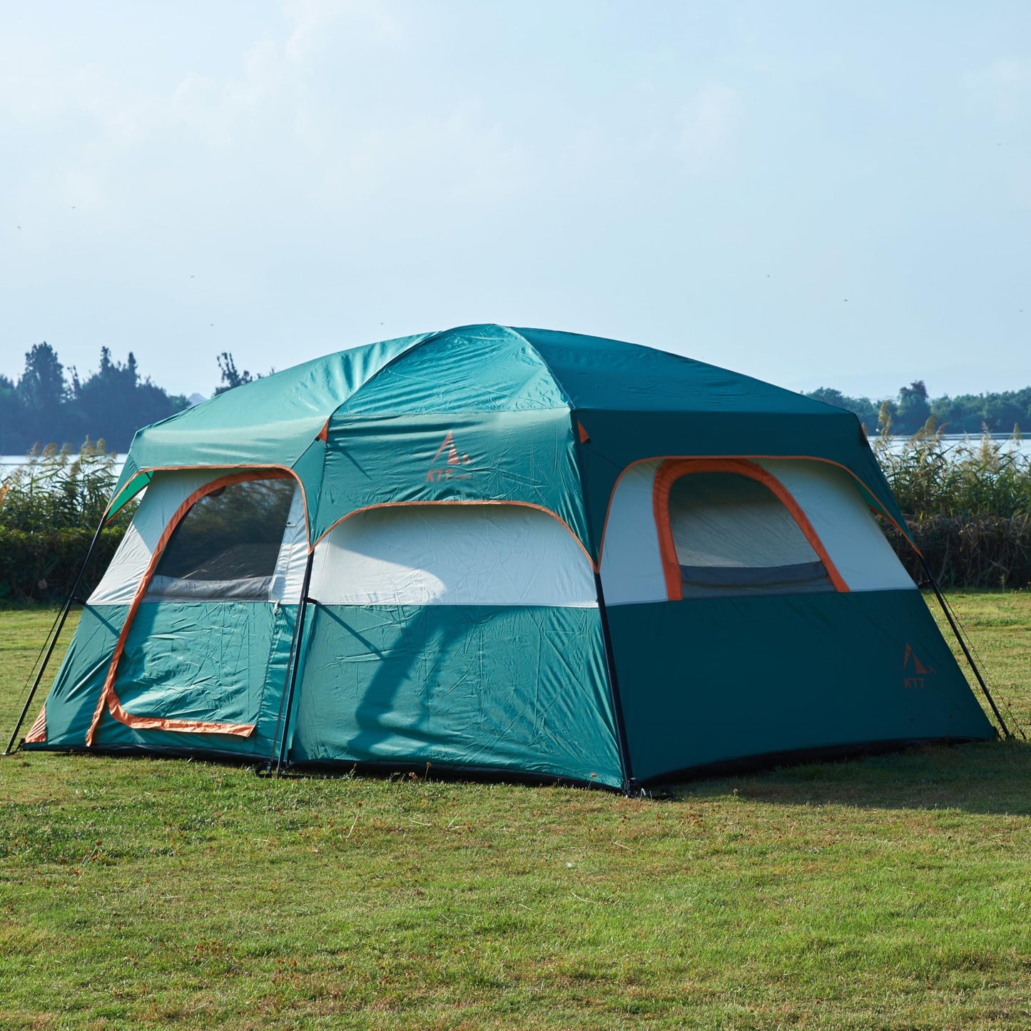 KTT Extra Large Tent 10 Person,Family Cabin Tents,2 Rooms,3 Doors and 3 Windows with Mesh,Straight Wall,Waterproof,Double Layer,Big Tent for Outdoor,Picnic,Camping,Family Gathering(Green)