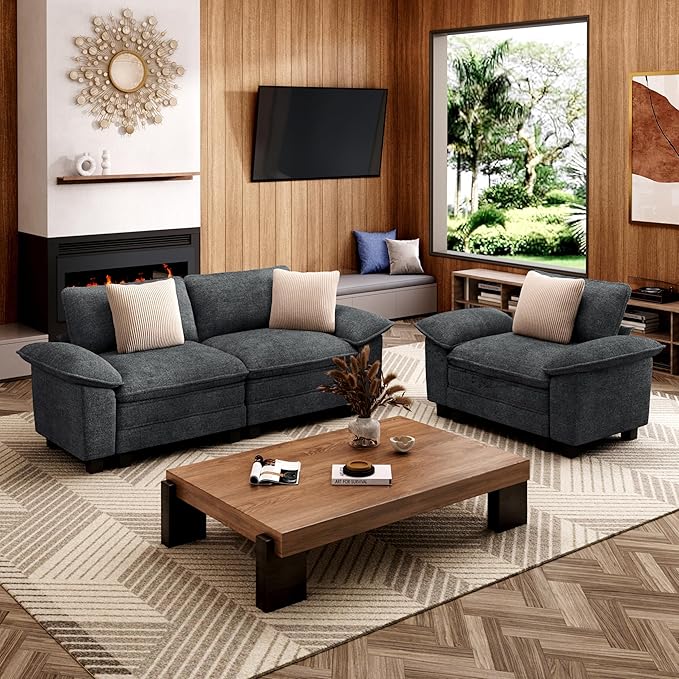 MIXPATIO L-Shaped Cloud Modular Sofa Set with Chaise, Deep Seat 3-Piece Sectional & Removable Arms, Plush Chenille for Living Room - Cyan