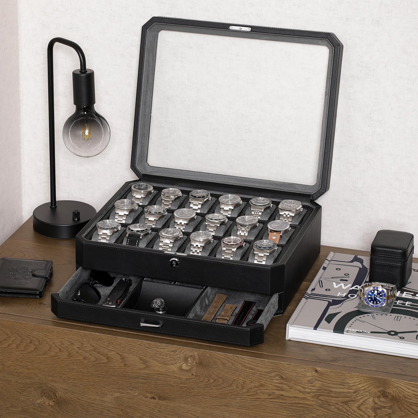 ROTHWELL 18-Slot Watch Case with Drawer – Luxury Watch Box for Men, Real Glass Top, Lockable, Display Case for Collections (Black/Grey)