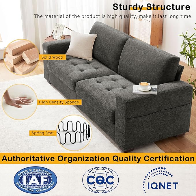 Hanherry 89" Sofa for Living Room, Modern Comfy Couch with Medium Firm Seat Cushion, Removable Cover,Wide Armrest,USB/Type-C Port,Chenille Fabric Couches for Small Space,Apartment