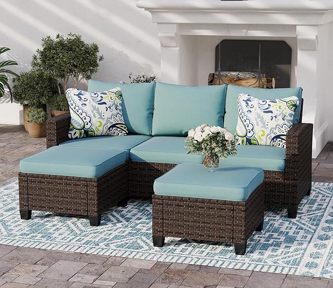 SUNSHINE VALLEY L-Shaped Outdoor Furniture Set, 5-Seat Couch With 2 Ottomans, Durable Rattan Sofa for Small Patios, Modular All-Weather Use, Blue