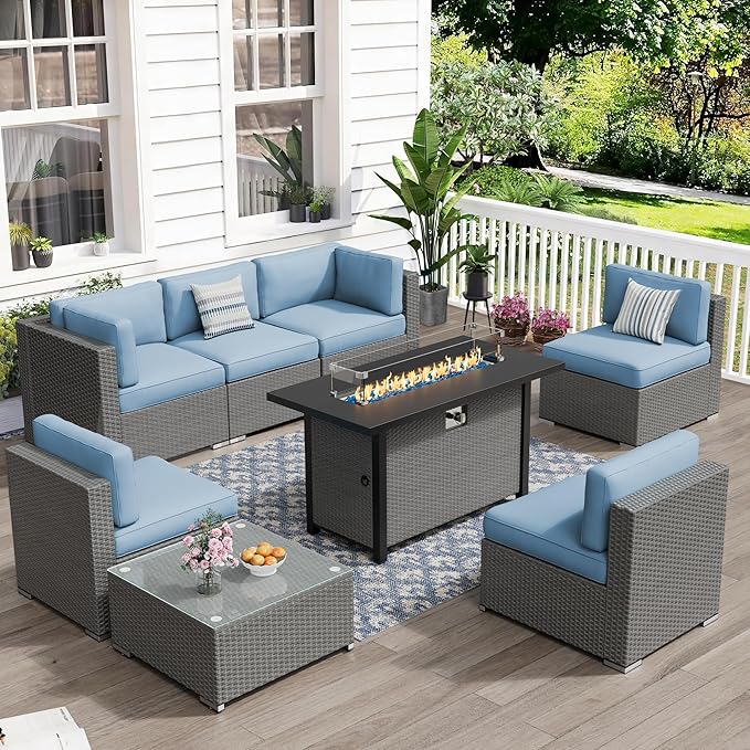 Crownland 8-Piece Outdoor Patio Furniture Sets with 45” Propane Gas Fire Pit Table, All-Weather Grey Wicker Rattan Sectional Sofa with Coffee Table(Light Blue)