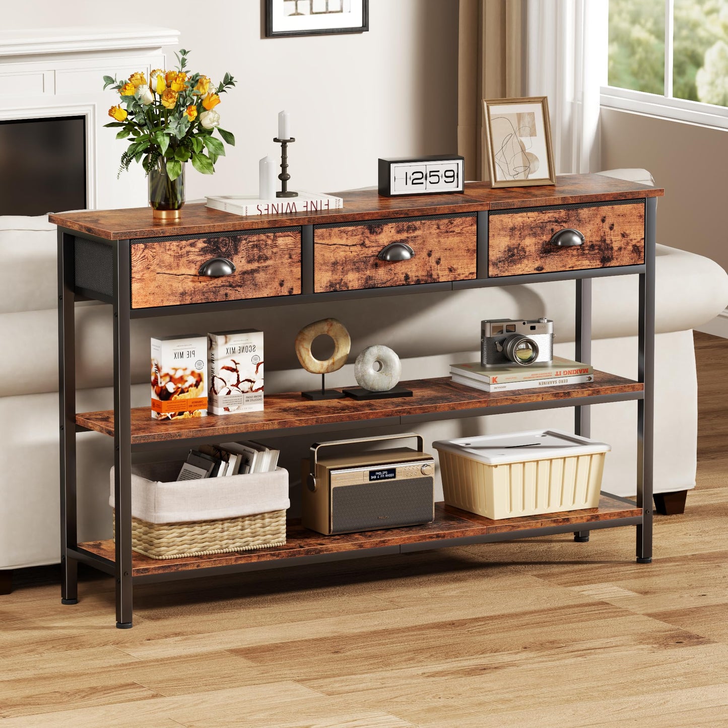 Furologee Long 47" Console Sofa Table with 3 Drawers, Entryway Table with 3-Tier Storage Shelves, Industrial Display Shelf for Entry Way, Hallway, Couch, Living Room, Kitchen, Foyer, Rustic Brown