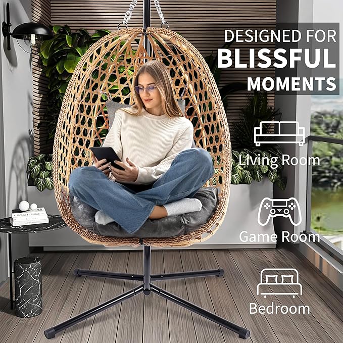 LEX CRAFT Egg Chair with Stand, Patio Wicker Hanging Chair, Hammock Swing Chair, 350LBS Capacity for Bedroom, Balcony, Garden (YE-GR)