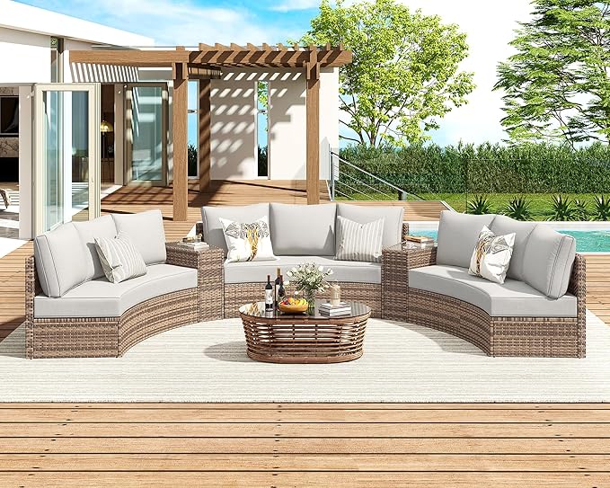 Patio Furniture Sets, 6 Piece Half-Moon Sectional Round Sofa Set, Outdoor Patio Furniture with Cushions for Beach, Pool, Balcony, Beige