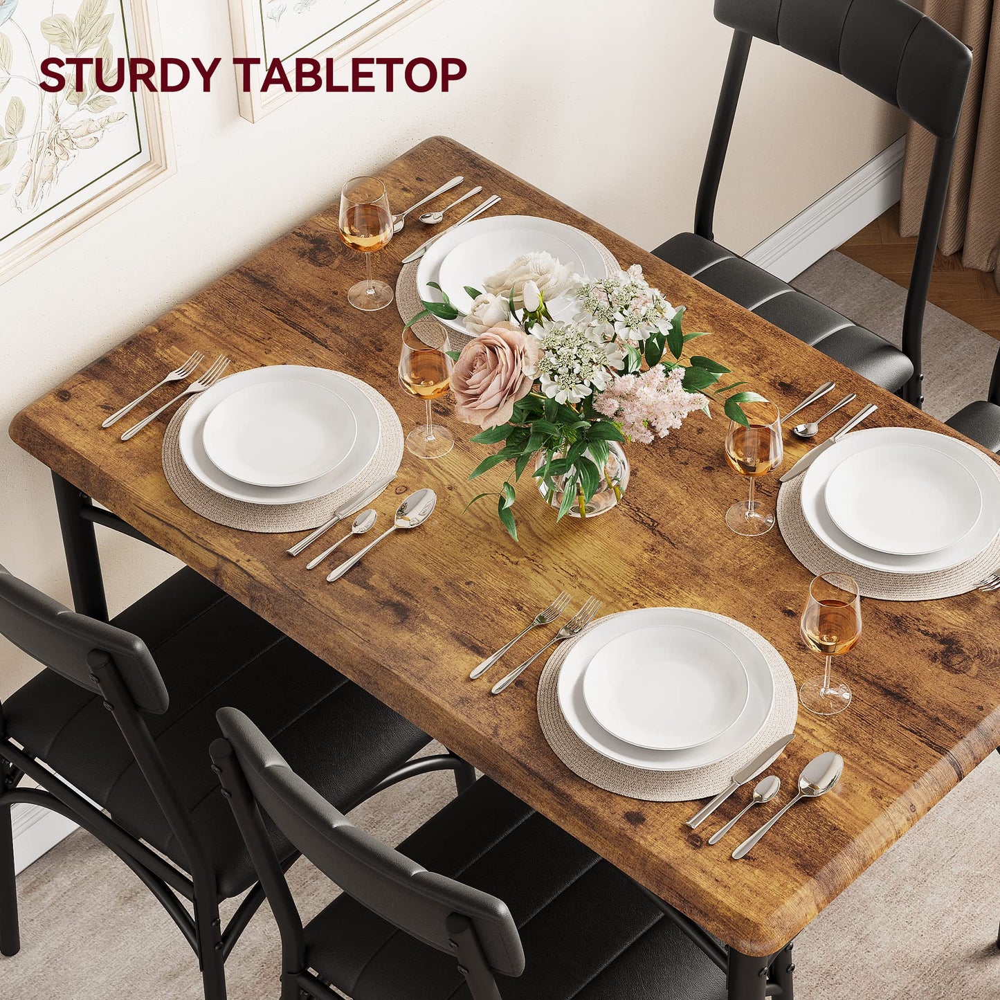 GAOMON Kitchen Table and Upholstered Chairs for 4, Dining Table Set for 4, 5 Piece Dining Room Table Set, Rectangular Kitchen Table Set for Small Space, Apartment, Home, Retro Brown