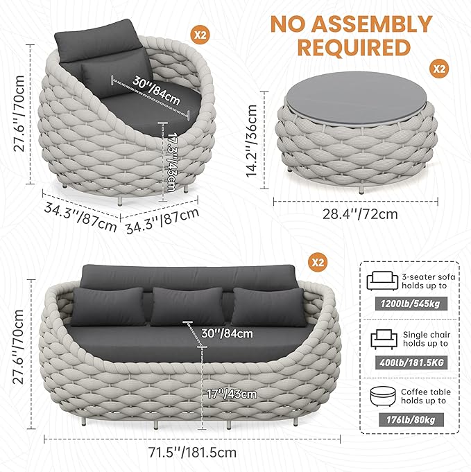 Erotr Lanai Outdoor Furniture Set: 6-Piece Aluminum Woven Rope Patio Conversation Sofa Set w/Table - Modern Cushions Couch Set - No Assembly Metal Porch Seating for Deck Yard Garden Pool Hotel Resort
