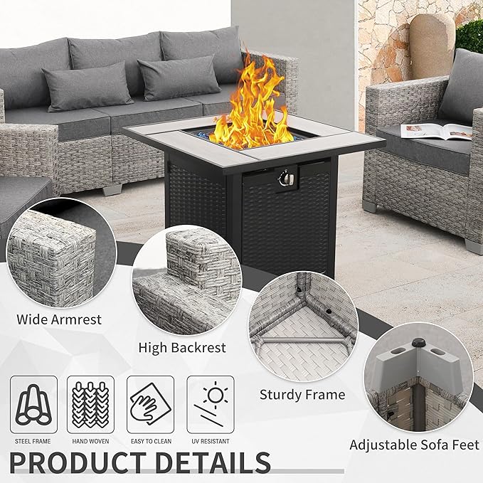 WAROOM Patio Furniture Set 4 Piece Wicker Conversation Sets PE Rattan Chair Outdoor Couch Sectional Sofa with 30" Fire Pit Table, Grey Cushion