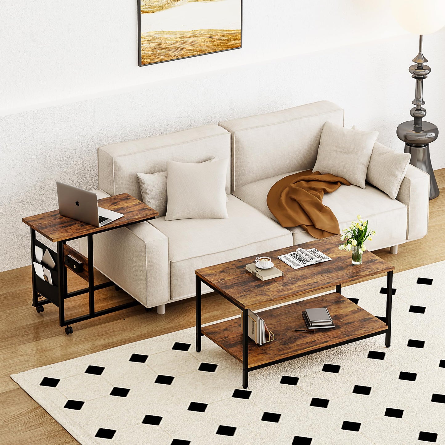 VECELO Coffee Table, Adjustable Coffee Table Set of 2 with End Table for Living Room, Nesting Table with USB Ports and Wheels, Modern & Industrial for Bedroom，Apartment, 31.5" and 20"，Rustic Brown