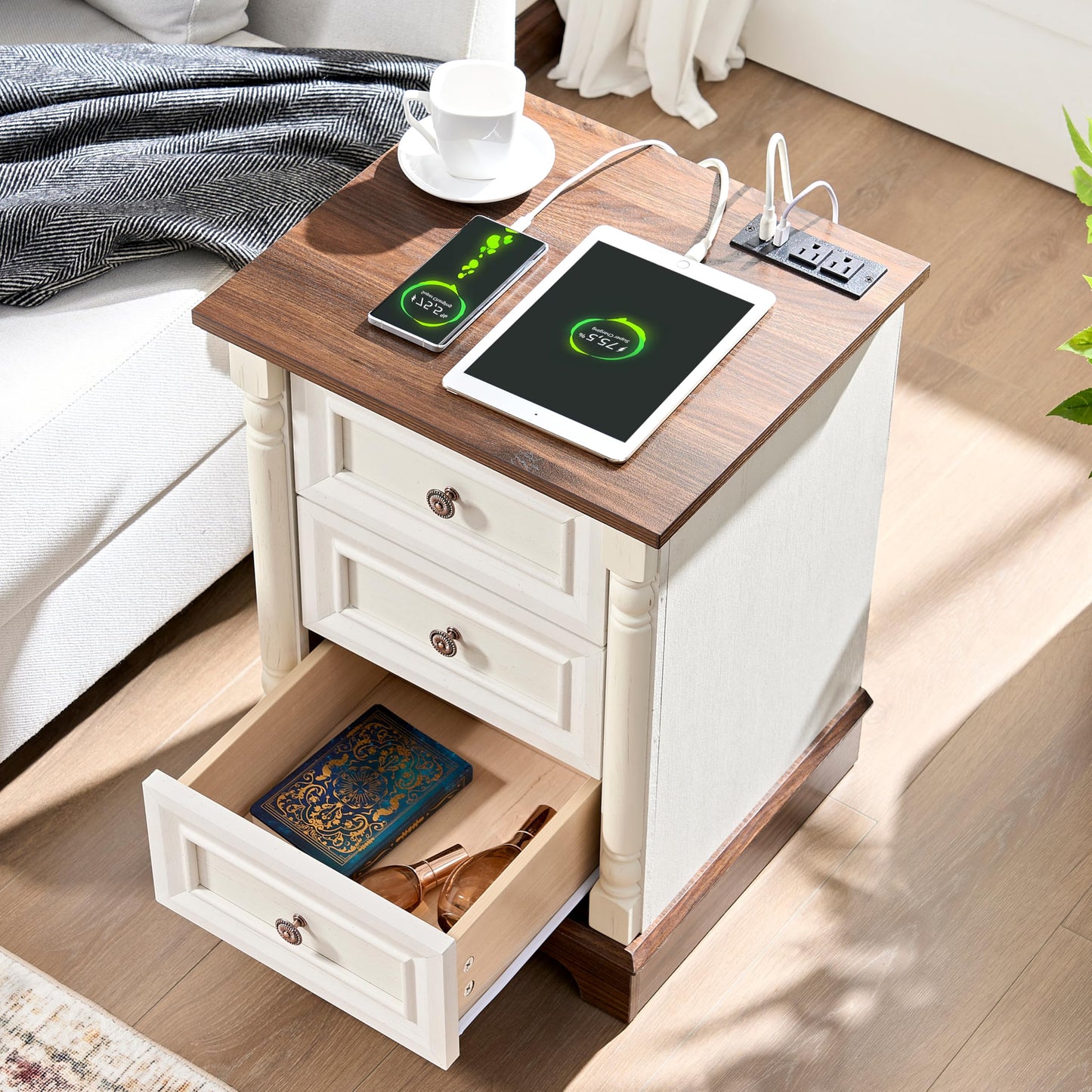 OKYCI Nightstand with Solid Wood Roman Column & Charging Station, Modern 3-Drawer Bedside Table, Farmhouse Wood End Table with Storage for Bedroom/Living Room/Office, Antique White & Brown