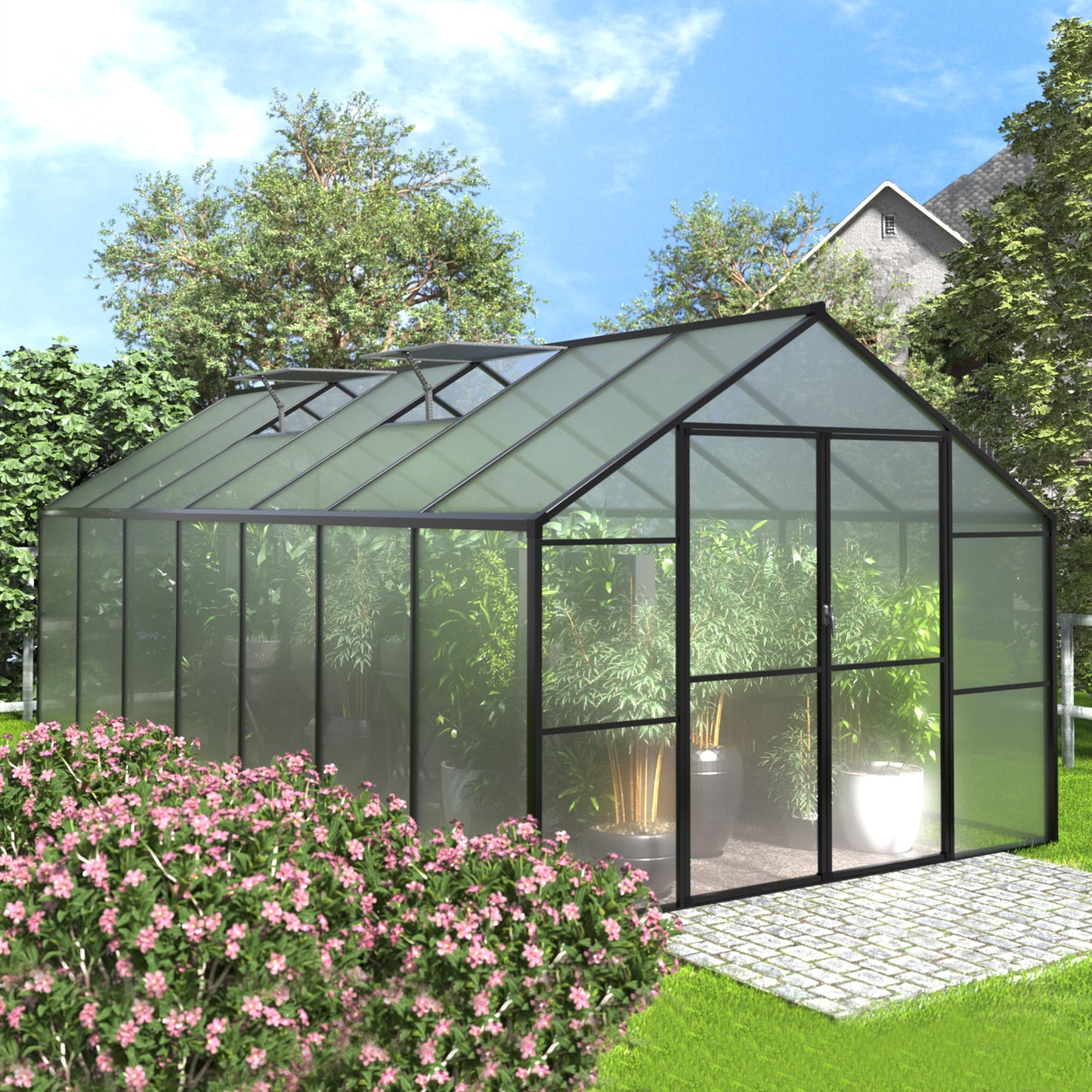VEIKOU 8 x 14 FT Greenhouse with Aluminum Frame, Greenhouses for Outdoors with 2 Vents, Lockable Doors, Polycarbonate Panels, Walk-in Green House for Winter, Garden, Yard, Hobby, Grey
