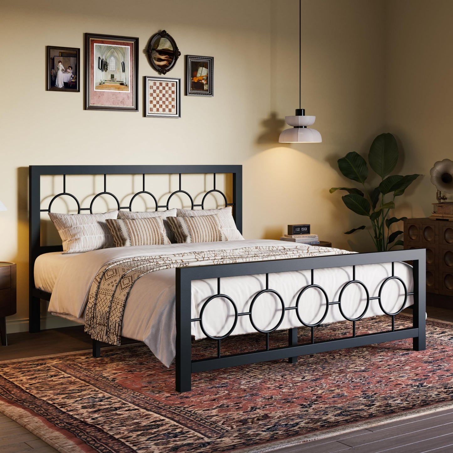 SHA CERLIN Queen Size Metal Bed Frame with Vintage Circular Design Headboard and Footboard,No Box Spring Required,Easy Assembly,Noise-Free,Black