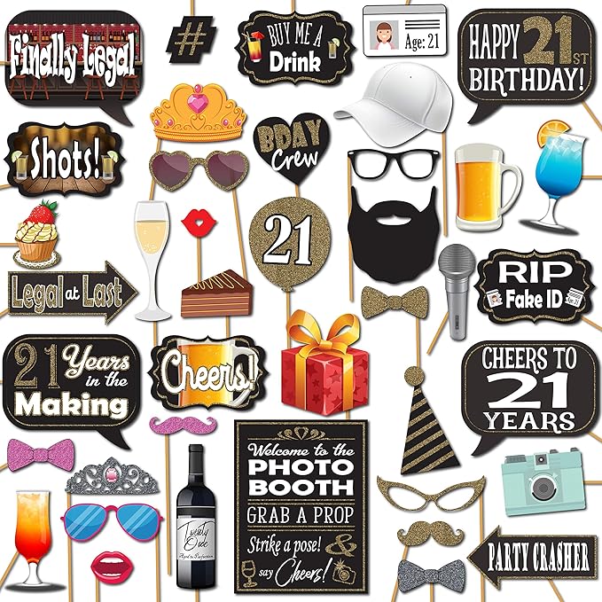 21st Birthday Photo Booth Props - 41-pc Photo Booth Kit with 8 x 10-Inch Sign, 60 Adhesive Pads, 45 Sticks - Photo Booth 2...