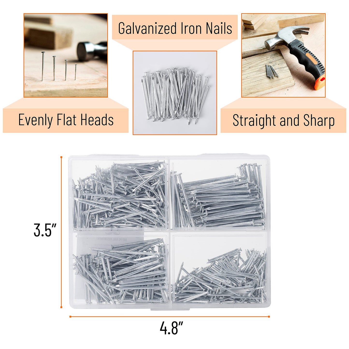 Mr. Pen- Nail Assortment Kit, 600 Pcs, 4 Sizes, Silver, Small Nails for Hanging Pictures, Finishing Nails