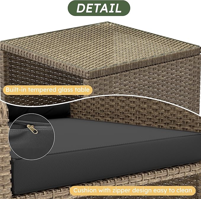 LHBcraft 5 Piece Patio Conversation Set Outdoor Patio Chairs with Ottomans Balcony Furniture with Soft Cushions & Coffee Table for Poolside Garden Balcony (Black Cushion +Yellow Rattan)