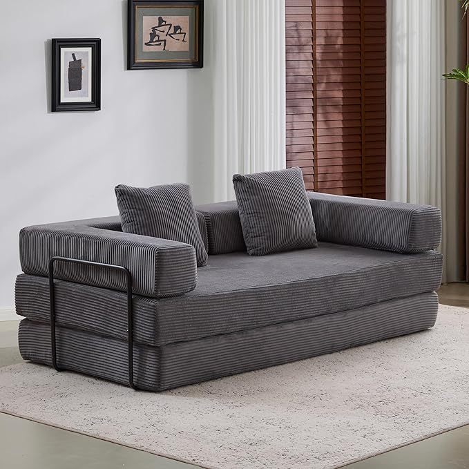 Convertible Couch Sofa Bed Foldable Floor Sleeper | Modern Fold Out Couch | Removable Backrest & Armrests | No Assembly Compression Sofa Sleeper for Living Room, Bedroom | Corduroy Fabric Gray