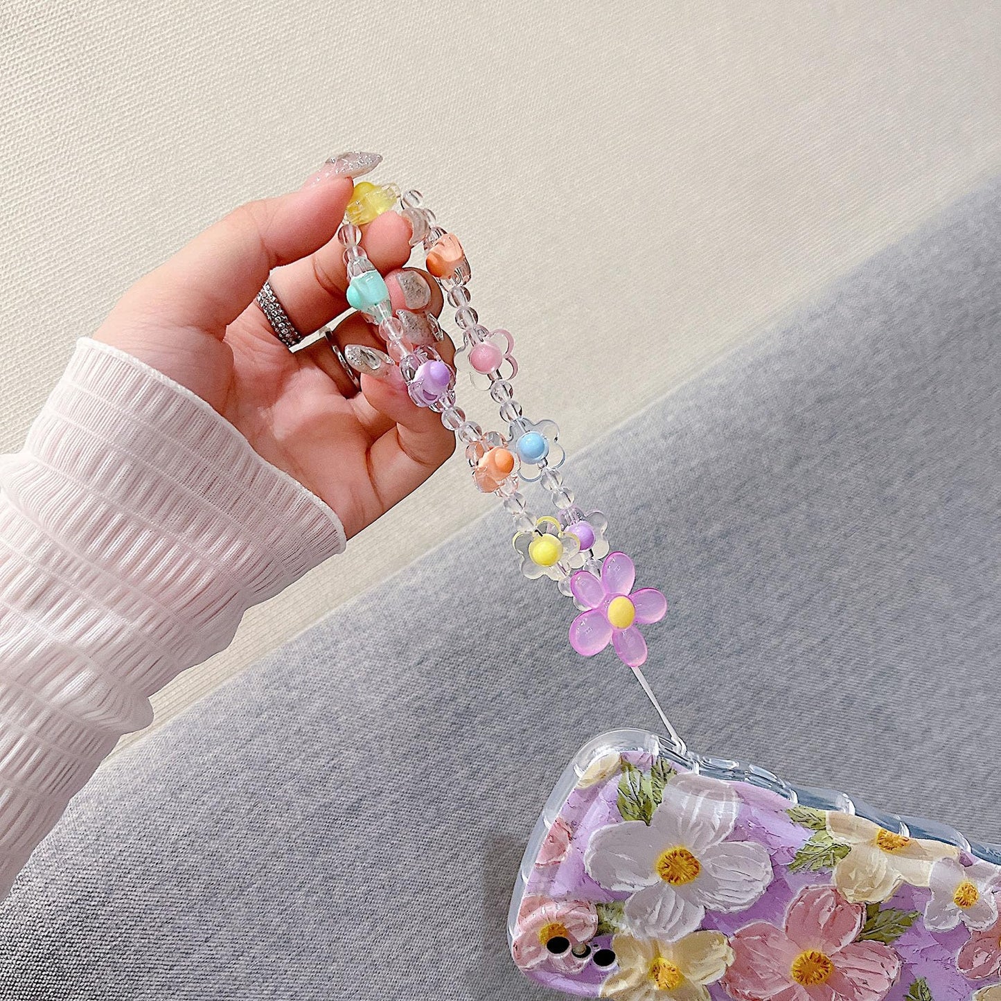 For Iphone X Iphone Xs Curly Wavy Case, Cute Colorful Retro Oil Painting Flower Glossy Pattern [With Bead Chain], Slim Fit Shock