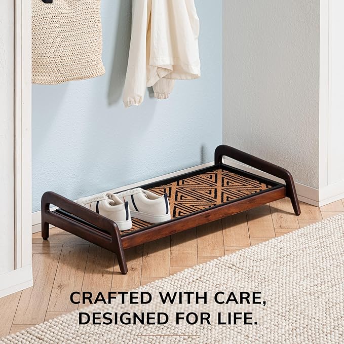 Anji Mountain Heavy Duty Waterproof Wooden Shoe Storage Mat Organizer/Boot Storage Tray Multi Use for Entryway with Coir, Tan and Black Tribal Insert, 1 Tier, Fits 3 Pair (36.5" Wide)