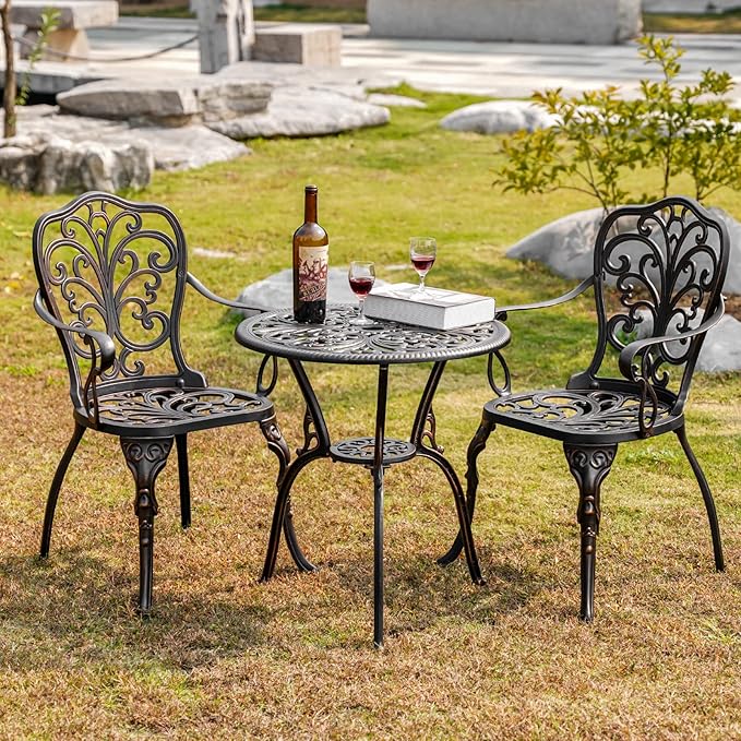 Withniture Bistro Set 3 Piece Outdoor Bistro Set, Cast Aluminum Bistro Table Set with Umbrella Hole, Anti Rust Bistro Table and Chairs Set of 2 for Front Porch, Balcony, Bronze