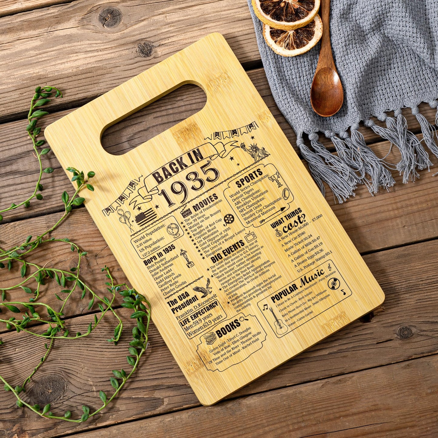90th Birthday Gifts For Women or Men, Back In 1935 Cutting Board 90th Birthday Decorations, 90 Year Old Anniversary Birthday Gifts