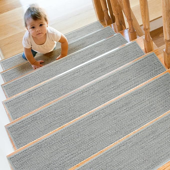 Stair Treads Non Slip for Wooden Steps Indoor 9" x 36" 4 Pack Extra Wide Stair Tread Carpet Stairs Runner, Step Pads with Reusable Adhesive for Dogs Kids Elders, Machine Washable, Light Grey