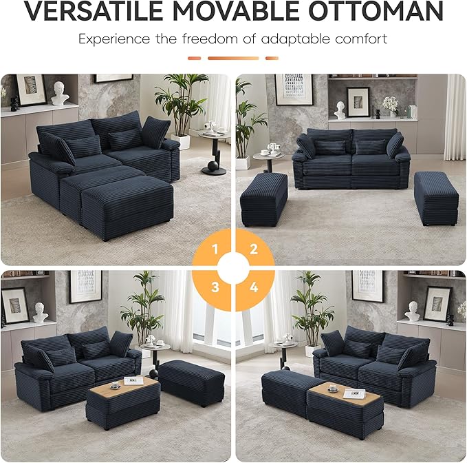 75" Corduroy Loveseat with Storage Ottoman, Cloud Deep Seat Couch with Convertible Ottoman Coffee Table & USB, Double Chaise Lounge for Living Room, Blue