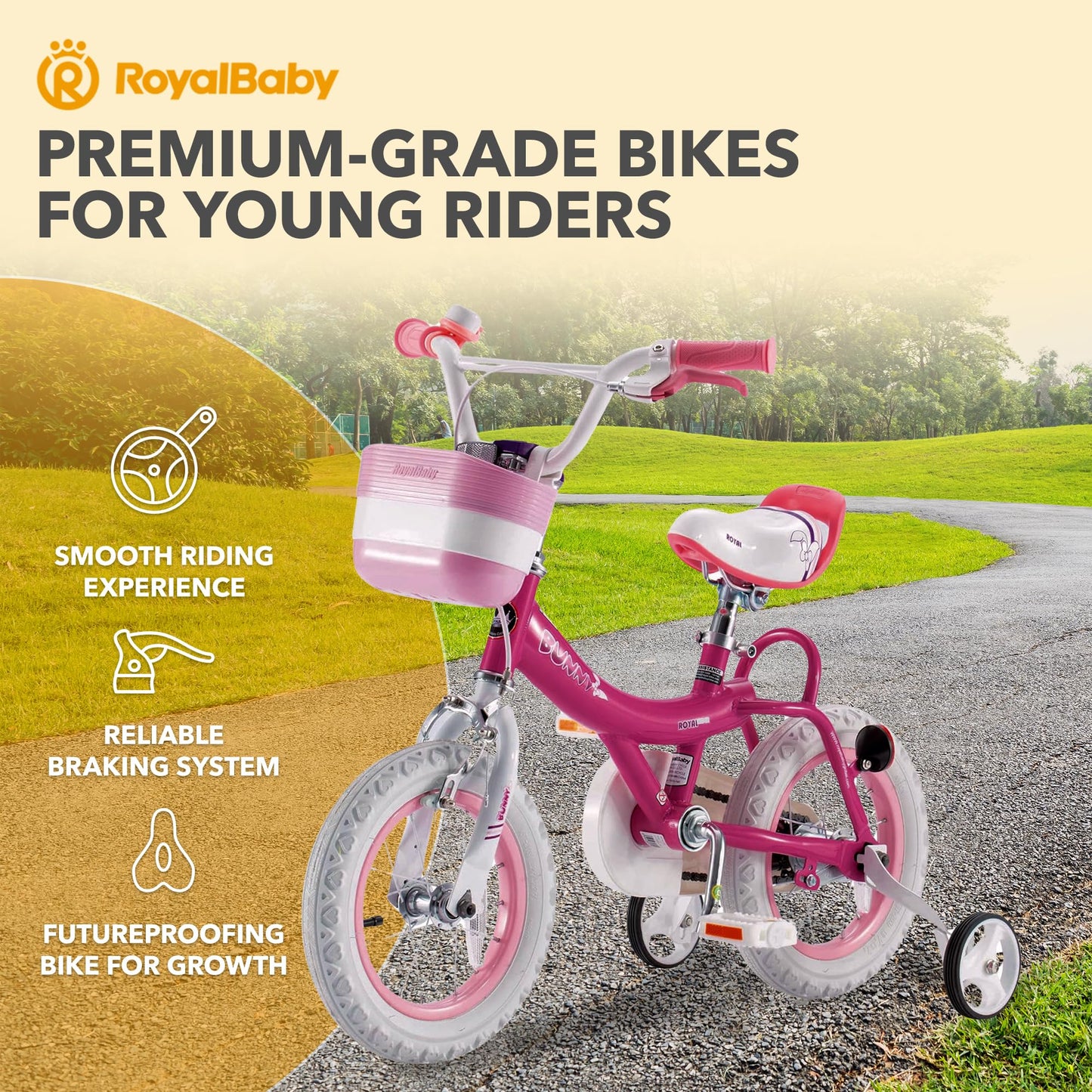 RoyalBaby Princess Girl Children's Bicycle Outdoor Ride-On Bike with Training Wheels, Adjustable Seat, and Basket, 12 Inch, Bunny/Fuchia
