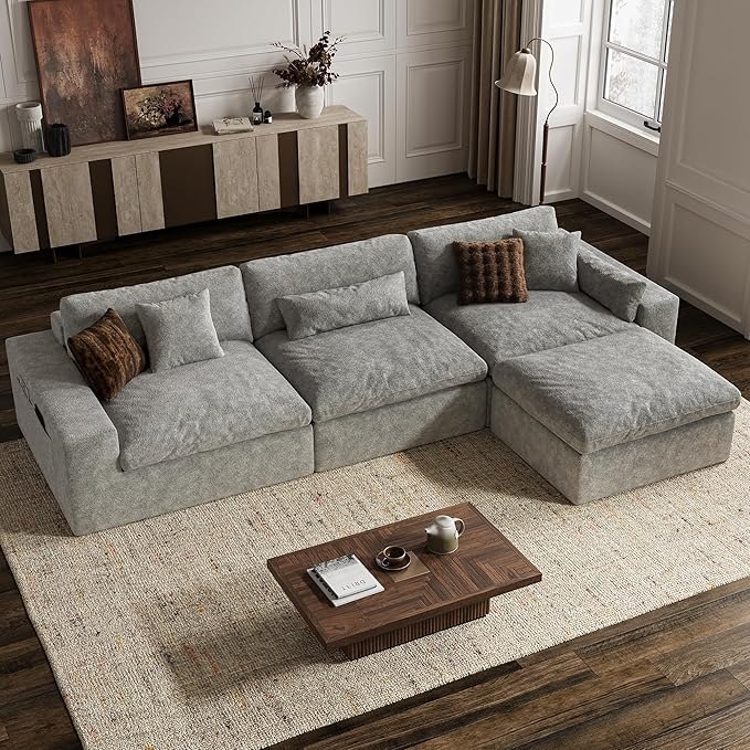 125'' Oversized Boneless Sectional Couches for Living Room, Deepseat Boneless Cloud Modular Sectional Sofa with Ottoman, No Assembly Required L-Shape Cloud Sofa, Plush Fabric, Light Gray