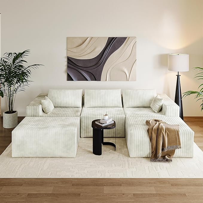 CABZOON 110" Cloud Couch Sectional for Living Room U-Shape Boneless Couches Modular Sectional Sofa with Deep Seat with Chaise,No Assembly Required, Carbon White(Plush Corduroy Fabric)