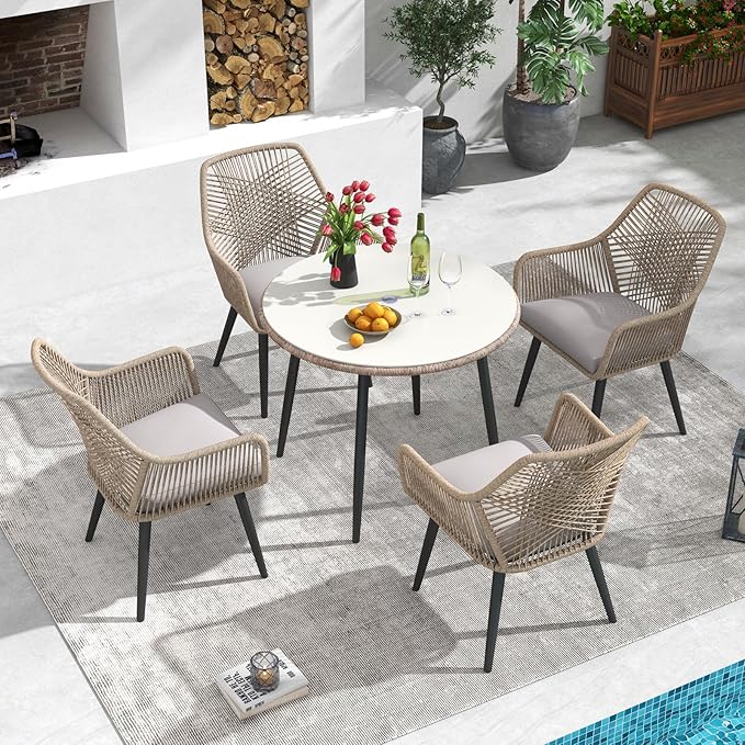 Patiorama Patio Dining Chair Set of 2, Woven Rope Outdoor Dining Chairs w/Steel Frame, All-Weather Twisted Rattan Chairs w/Armrest & Cushion, Outdoor Dining Wicker Chairs for Backyard Garden(Beige)