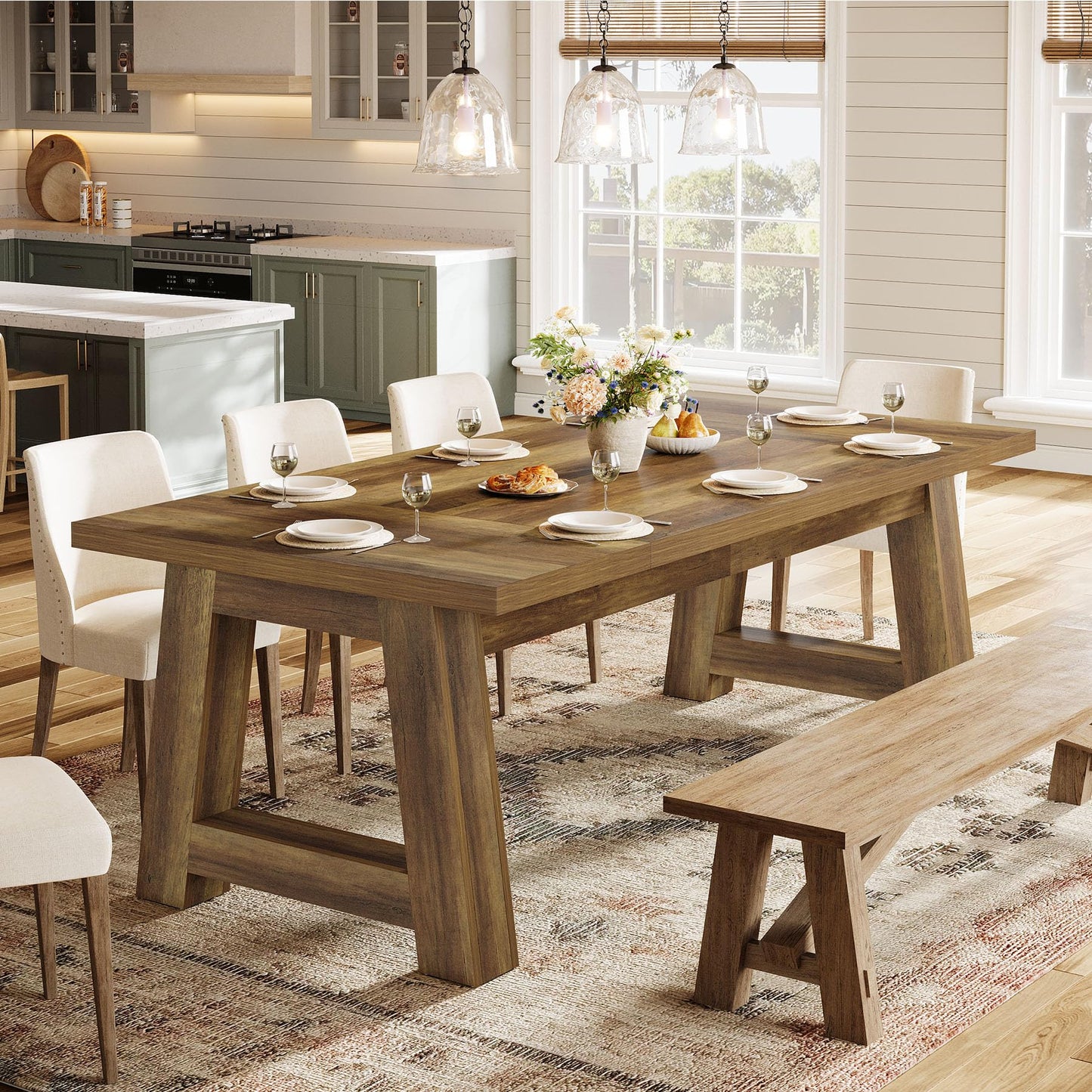 Tribesigns 70.5'' Long Dining Table for 6-8, Farmhouse Wooden Kitchen Table with Sturdy Legs, Large Rectangle Dinner Furniture for Home, Dining Room, Brown