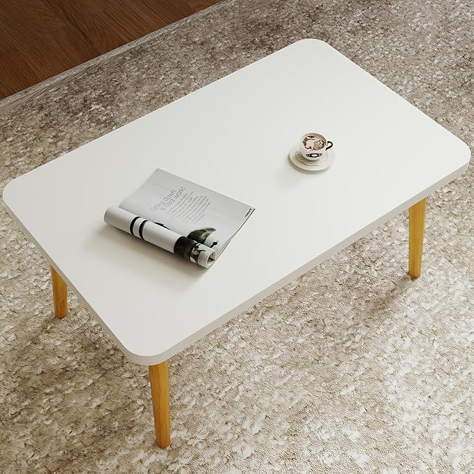 Funecy Coffee Table Low Table with Solid Wood Sturdy Legs, Floor Table Desk for Sitting on The Floor, Storage and Living Room Furniture (White-Square)