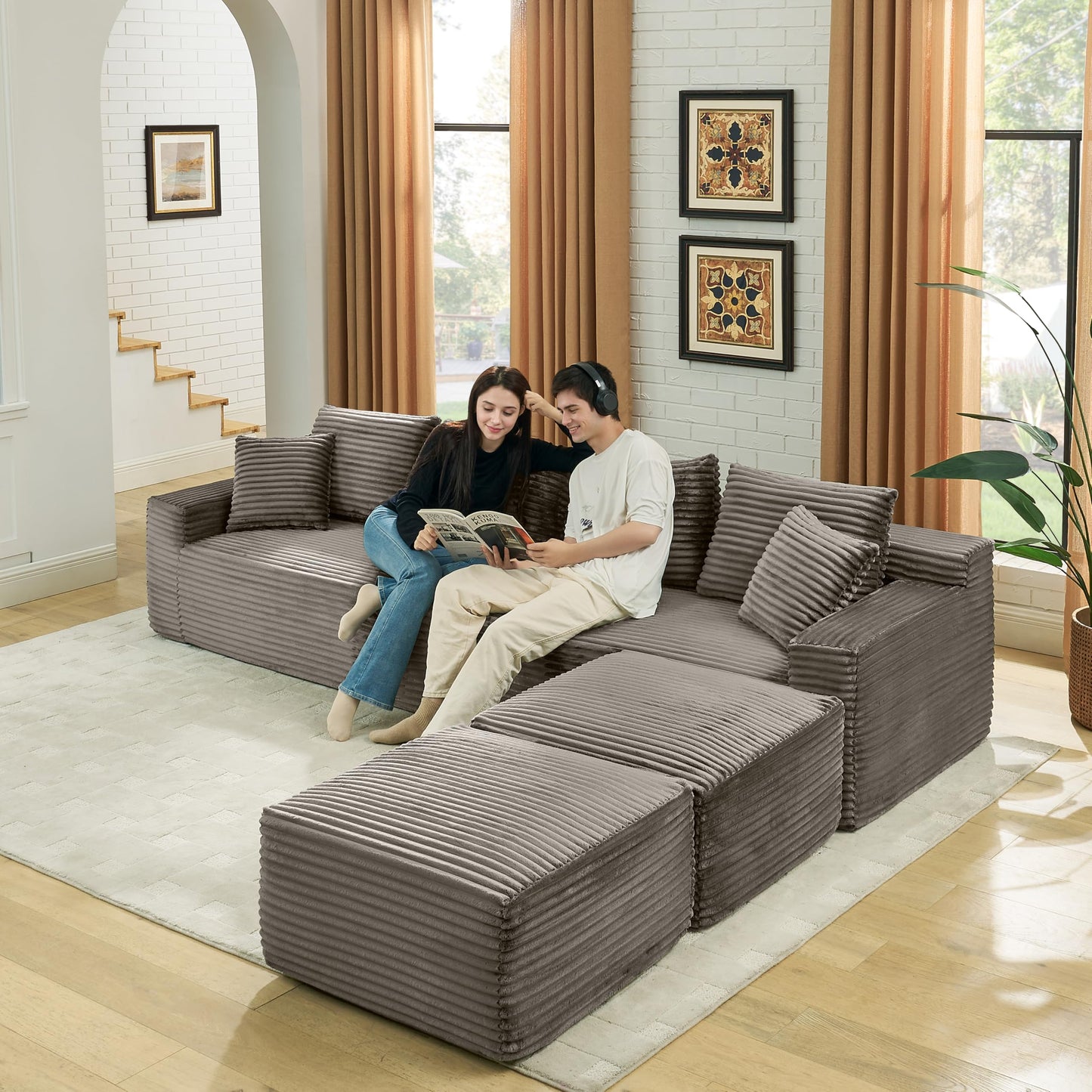 115" U-Shaped Cloud Sectional Couch, Front Facing Modular Compressed Boneless Sectional Sofa with Chaise Lounges, Plush Corduroy Boneless Symmetrical Sofa for Living Room
