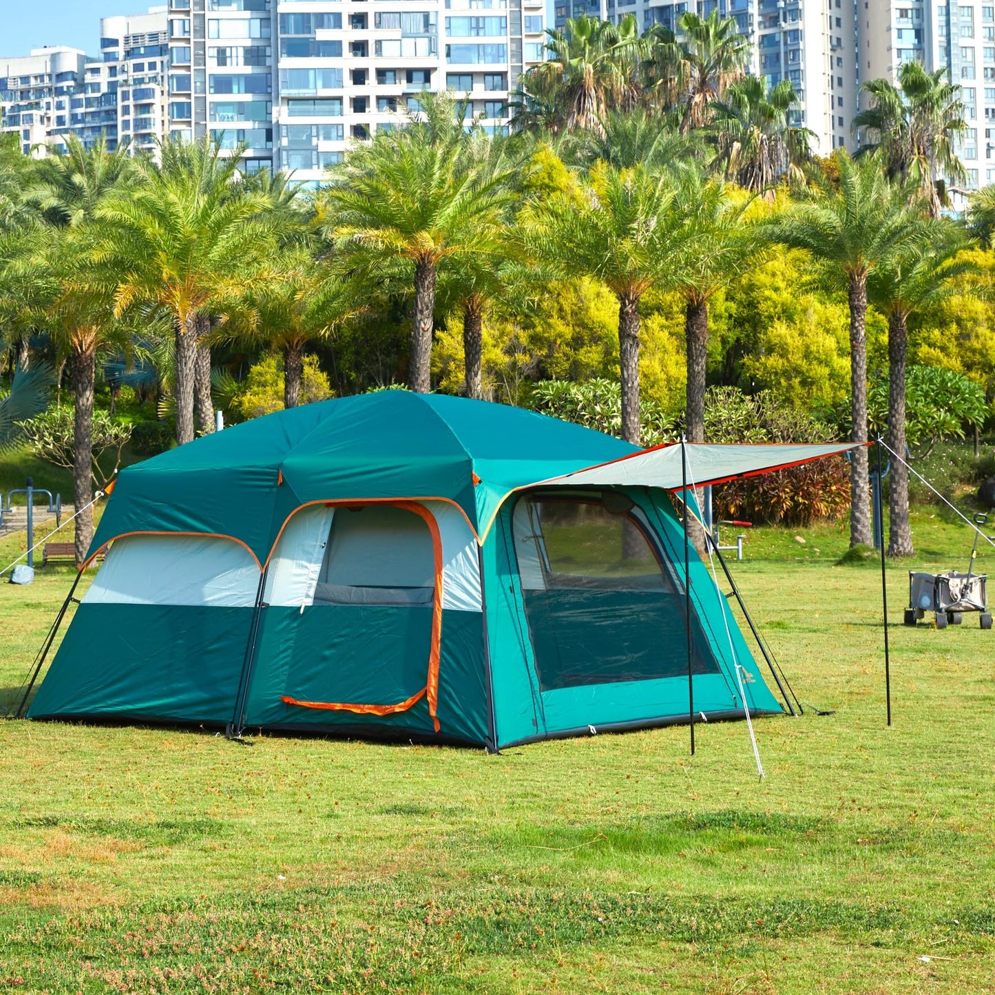 KTT Extra Large Tent 10 Person,Family Cabin Tents,2 Rooms,3 Doors and 3 Windows with Mesh,Straight Wall,Waterproof,Double Layer,Big Tent for Outdoor,Picnic,Camping,Family Gathering(Green)