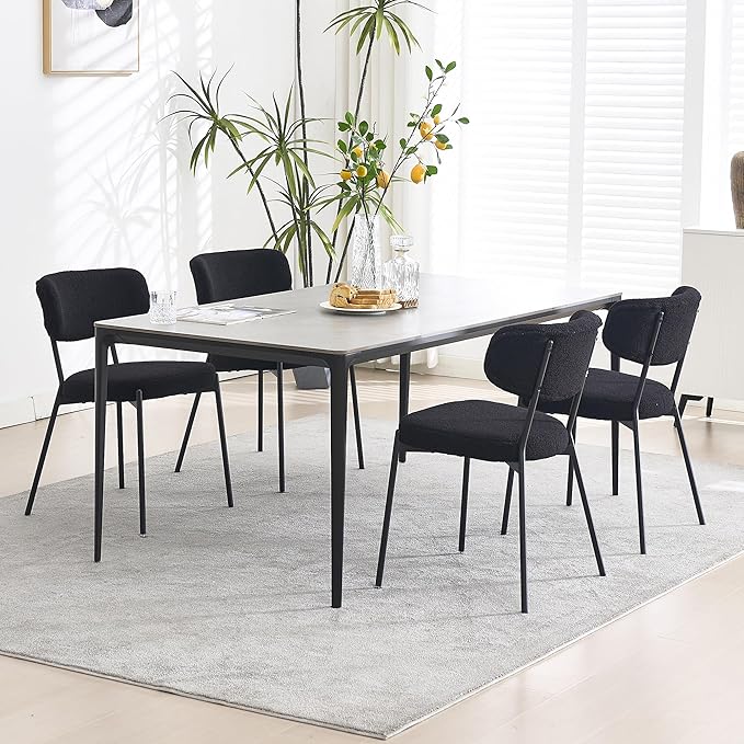 KCC Boucle Dining Chairs Set of 4, Modern Mid-Century Upholstered Stylish Kitchen Chairs Sherpa Accent Diner Chairs with Metal Legs and Curved Back for Kitchen, Dining Room(Black)