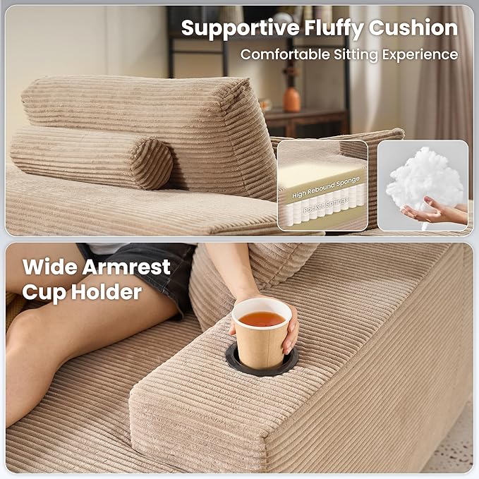 ovios 67'' Chaise Lounge Chair Indoor, Oversized Upholstered Sofa Bed with Cup Holders, Sleeper Couch Reading Chairs Fluffy Plush Corduroy Cloud Sofas Couches Living Room, Camel