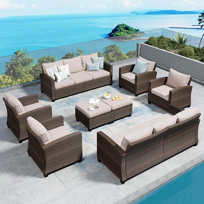 SUNSHINE VALLEY Patio Furniture Set Outdoor Furniture Brown Wicker Rattan Patio Conversation Sets with Cushion Outside Sofa Set,8 Pieces 12 Seats,Beige