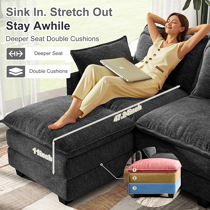 107" Cloud Couch Sectional, U Shaped Modular Sectional Sofa, 4-Seat Deep Seat Couch with 6 Removable Washable Pillows and 2 Ottoman for Living Room, Bedroom, Apartment, Black Grey