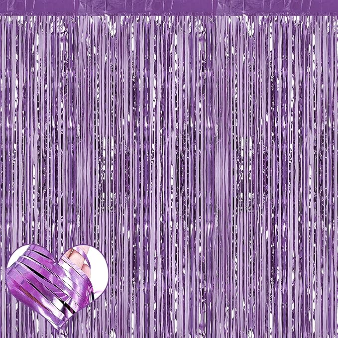4 Pack Light Purple Fringe Curtain Backdrop, 3.2Ft x 6.6Ft Metallic Tinsel Foil Fringe Streamers Curtains Background for P...